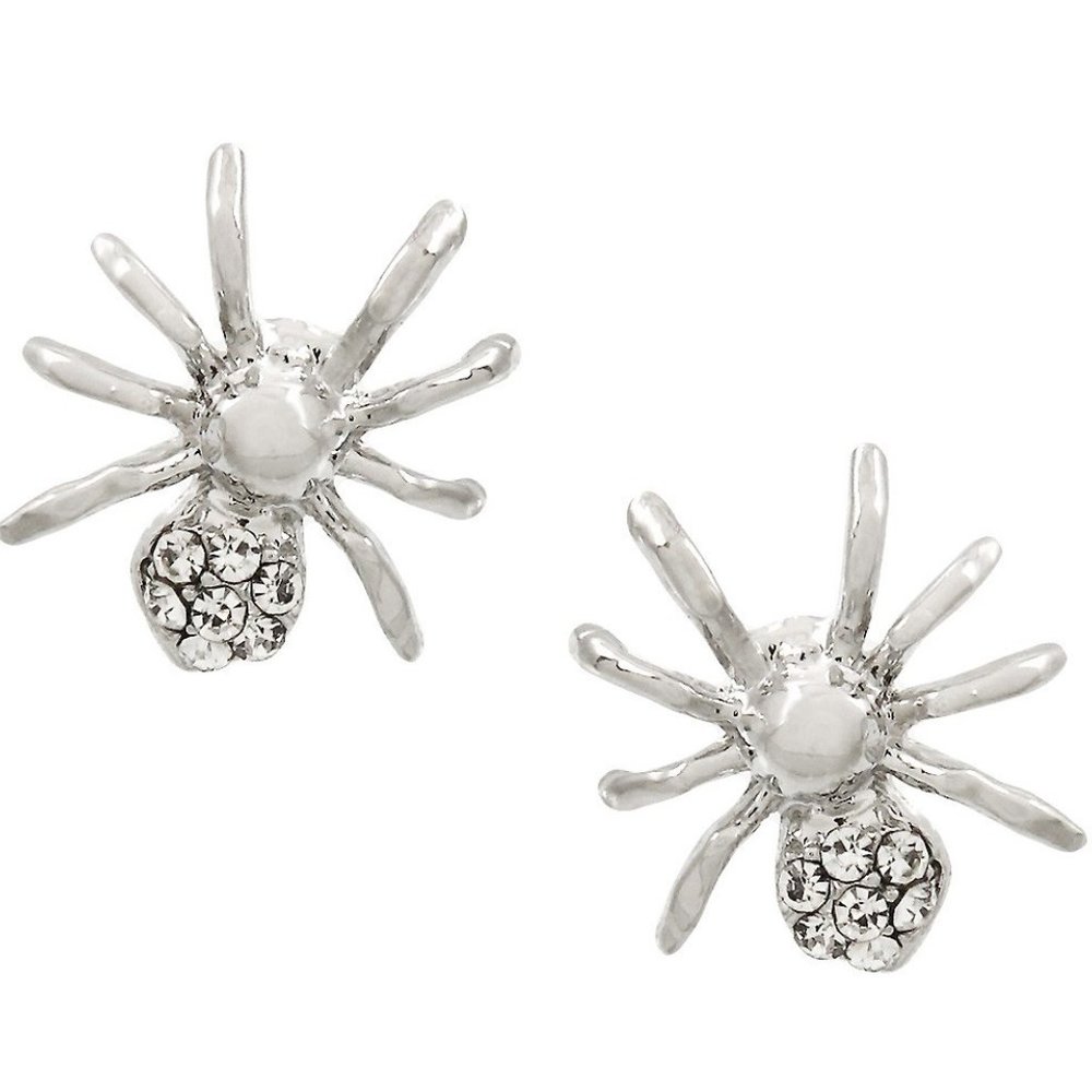 Halloween Jewelry / Spider Earring / Post / Rhinestone Crystal / Rhodium Plated